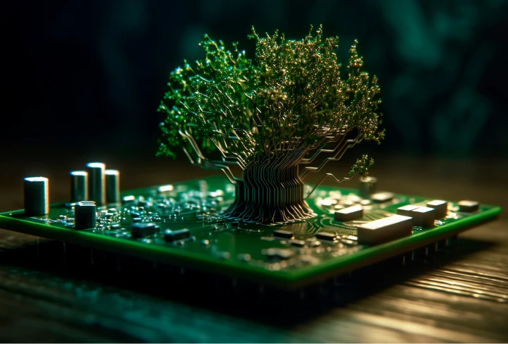 Grüne Chiptechnologie, dargestellt durch einen Chip aus dem aus Kupferdrähten ein Baum steht.